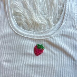 Handmade Bead Embroidered White and Red Strawberry Tank Top